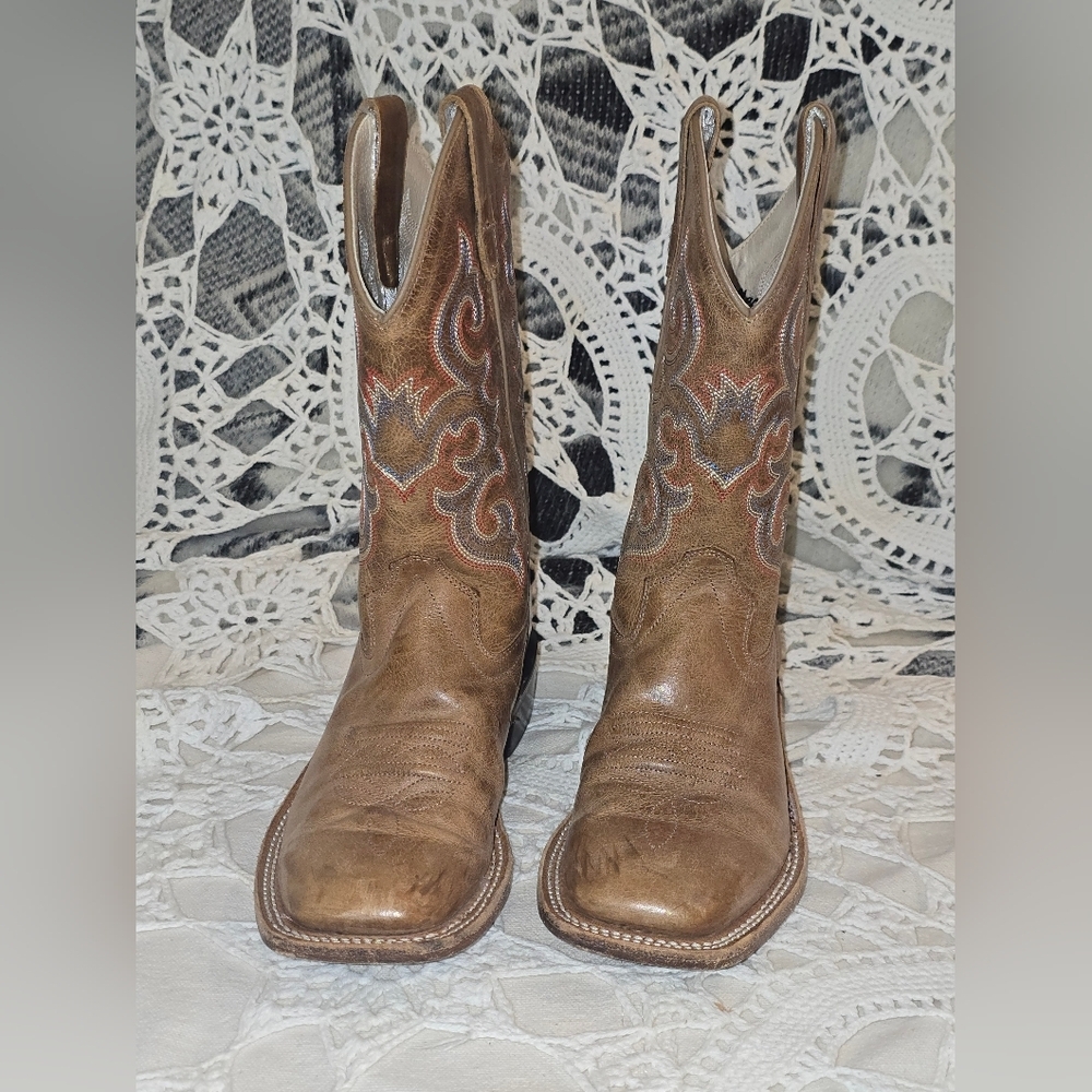 Old West Children's Tan Leather Cowboy Boots, 010, Square Toe